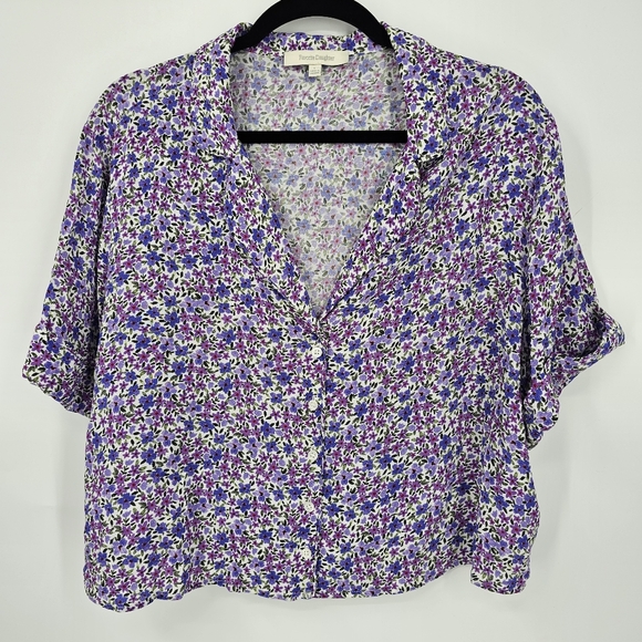 Favorite Daughter Savannah Floral Button Crop Shirt Size L Purple Print Blouse - Picture 3 of 7